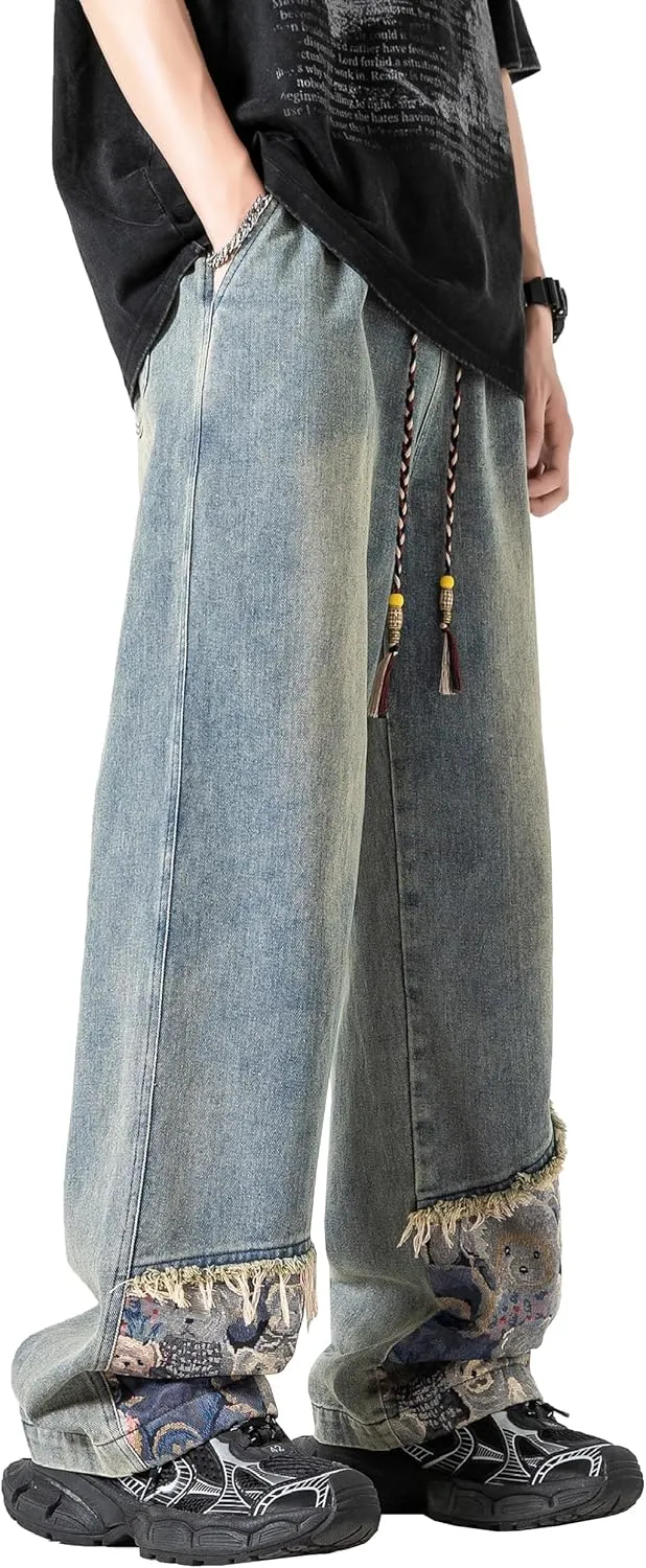 DOSLAVIDA Men's Straight Leg Jeans Relaxed Fit Baggy Jean Hip Hop Loose Fit Carpenter Denim Pants with Drawstring