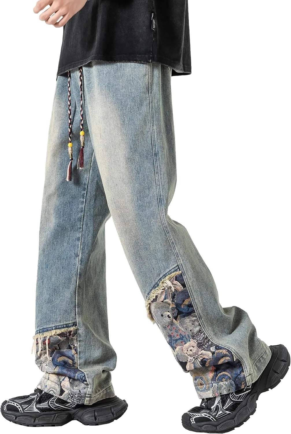 DOSLAVIDA Men's Straight Leg Jeans Relaxed Fit Baggy Jean Hip Hop Loose Fit Carpenter Denim Pants with Drawstring