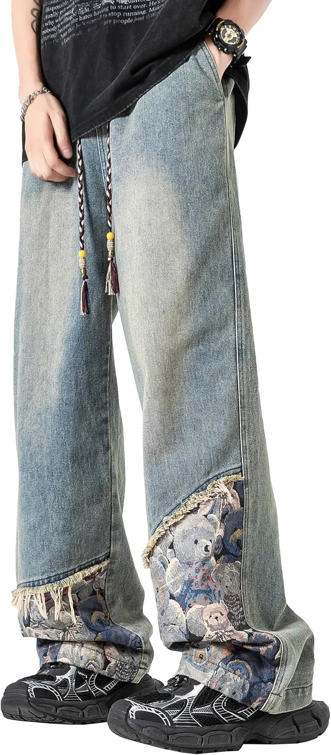 DOSLAVIDA Men's Straight Leg Jeans Relaxed Fit Baggy Jean Hip Hop Loose Fit Carpenter Denim Pants with Drawstring