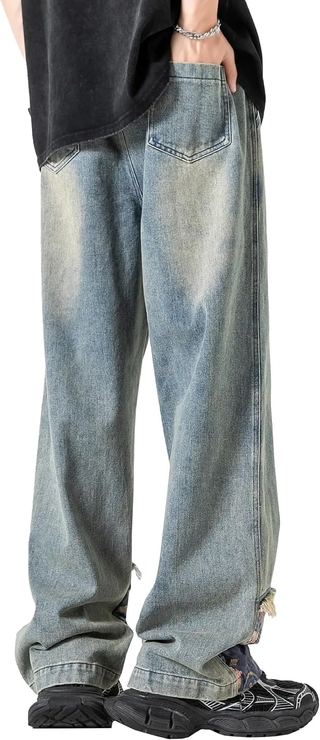 DOSLAVIDA Men's Straight Leg Jeans Relaxed Fit Baggy Jean Hip Hop Loose Fit Carpenter Denim Pants with Drawstring