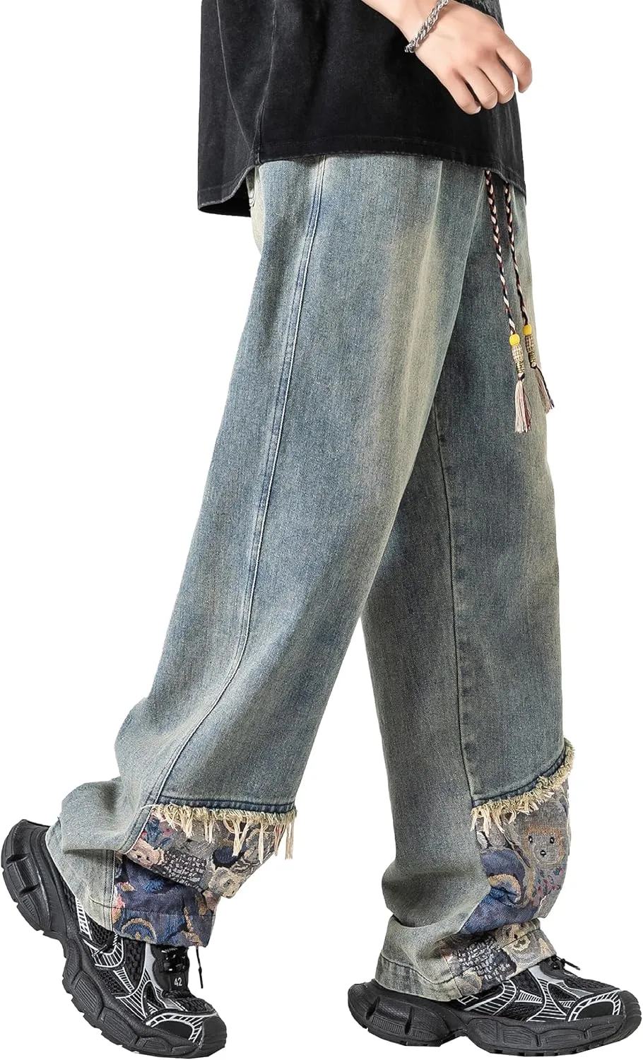 DOSLAVIDA Men's Straight Leg Jeans Relaxed Fit Baggy Jean Hip Hop Loose Fit Carpenter Denim Pants with Drawstring