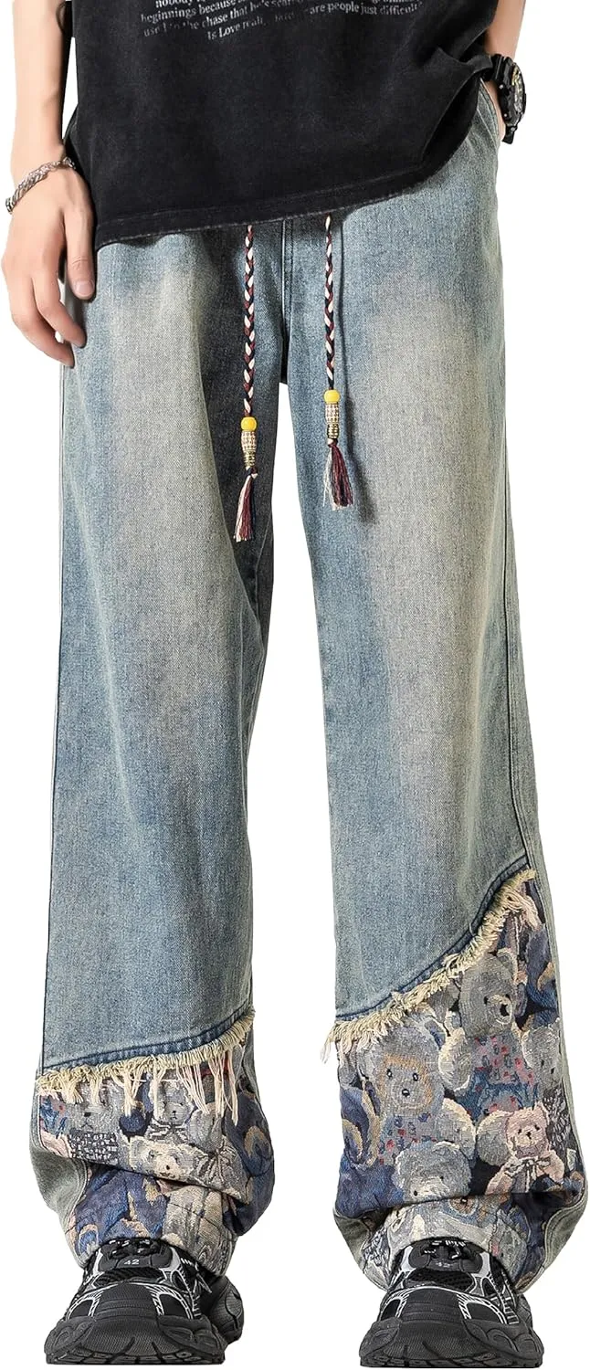 DOSLAVIDA Men's Straight Leg Jeans Relaxed Fit Baggy Jean Hip Hop Loose Fit Carpenter Denim Pants with Drawstring