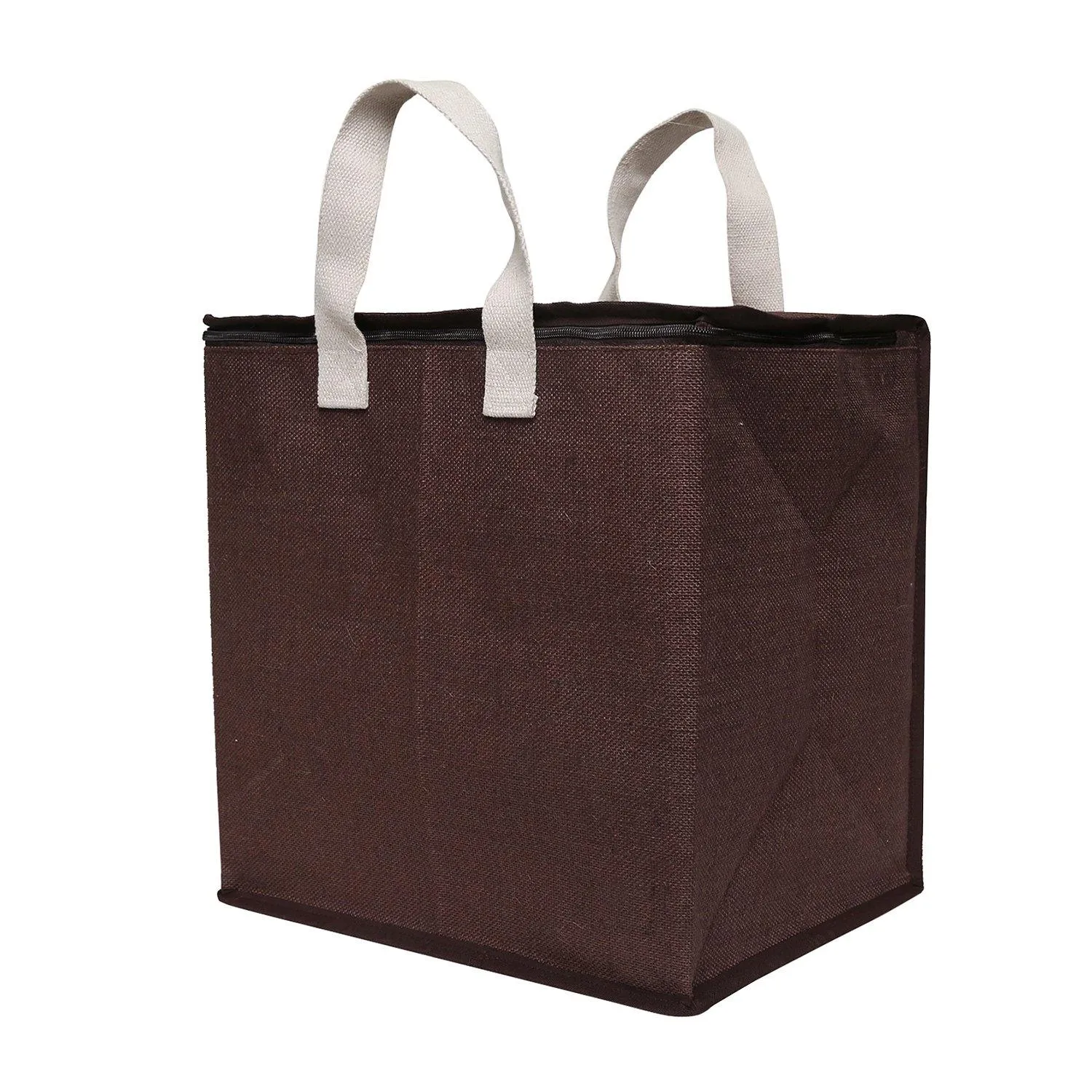 DOUBLE R BAGS Jute Shopping bags with Dual Zippers Pack of 2 (Brown)