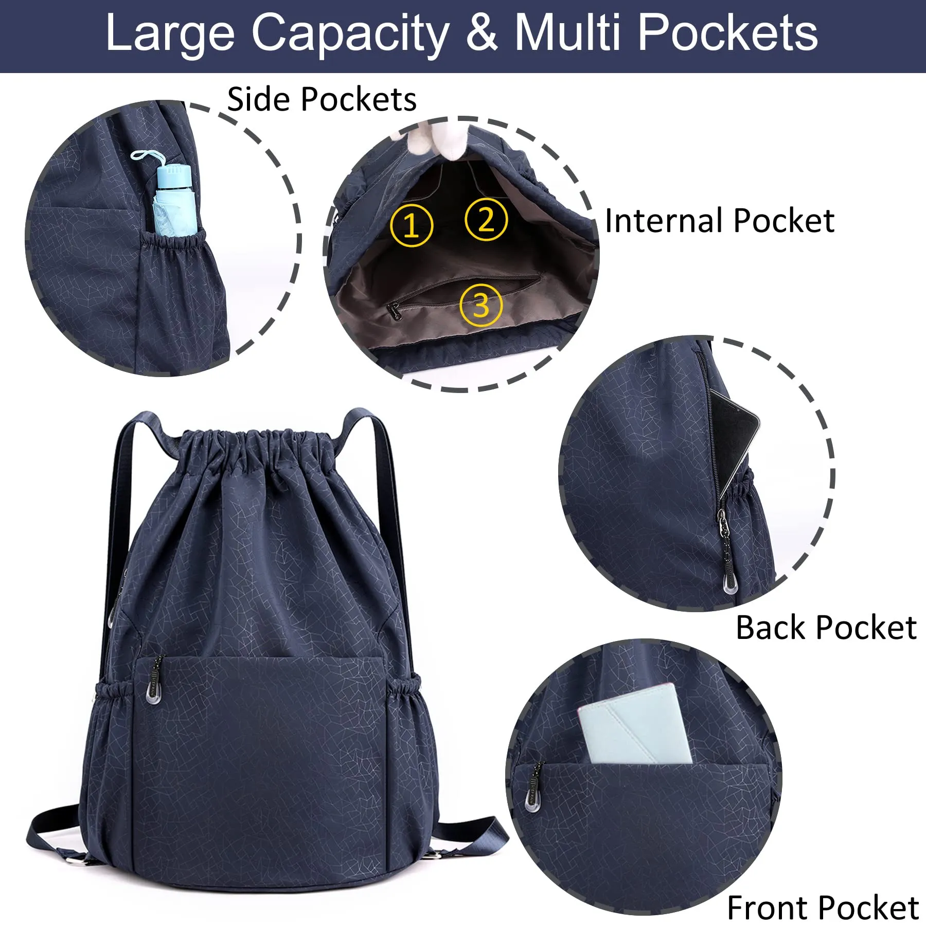 Drawstring Backpack Sports Gym Bag With Multi Pockets Navy HLC040
