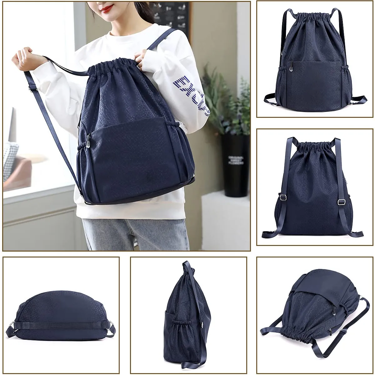 Drawstring Backpack Sports Gym Bag With Multi Pockets Navy HLC040