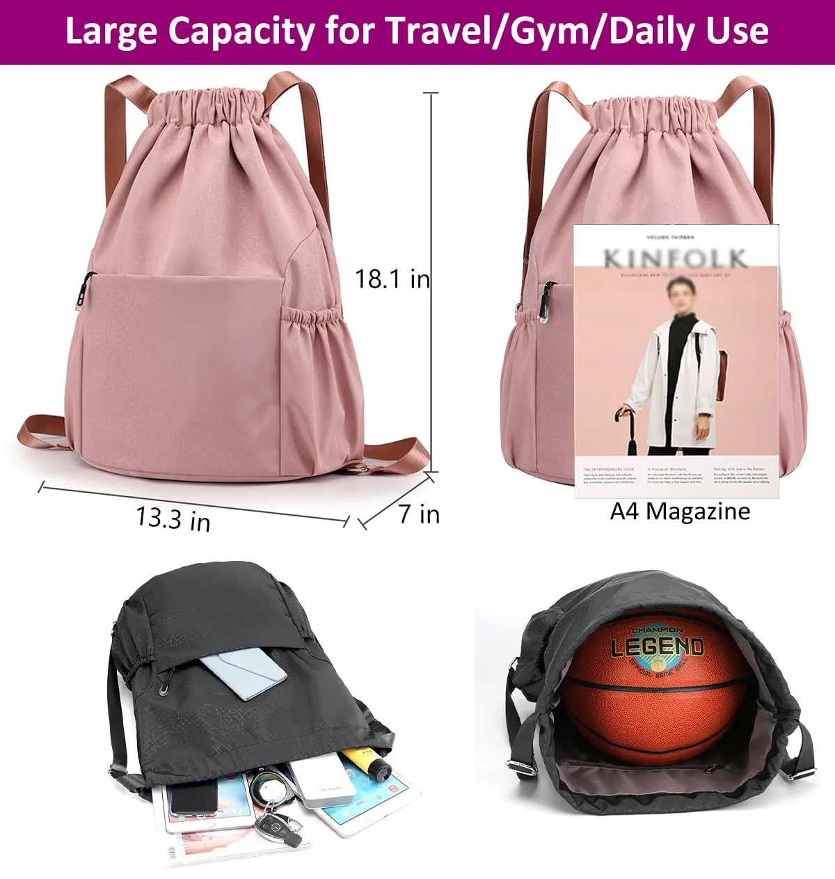 Drawstring Backpack Sports Gym Bag With Multi Pockets Pink  HLC040