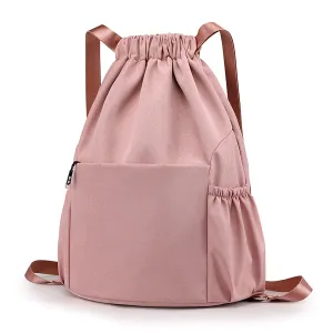 Drawstring Backpack Sports Gym Bag With Multi Pockets Pink  HLC040