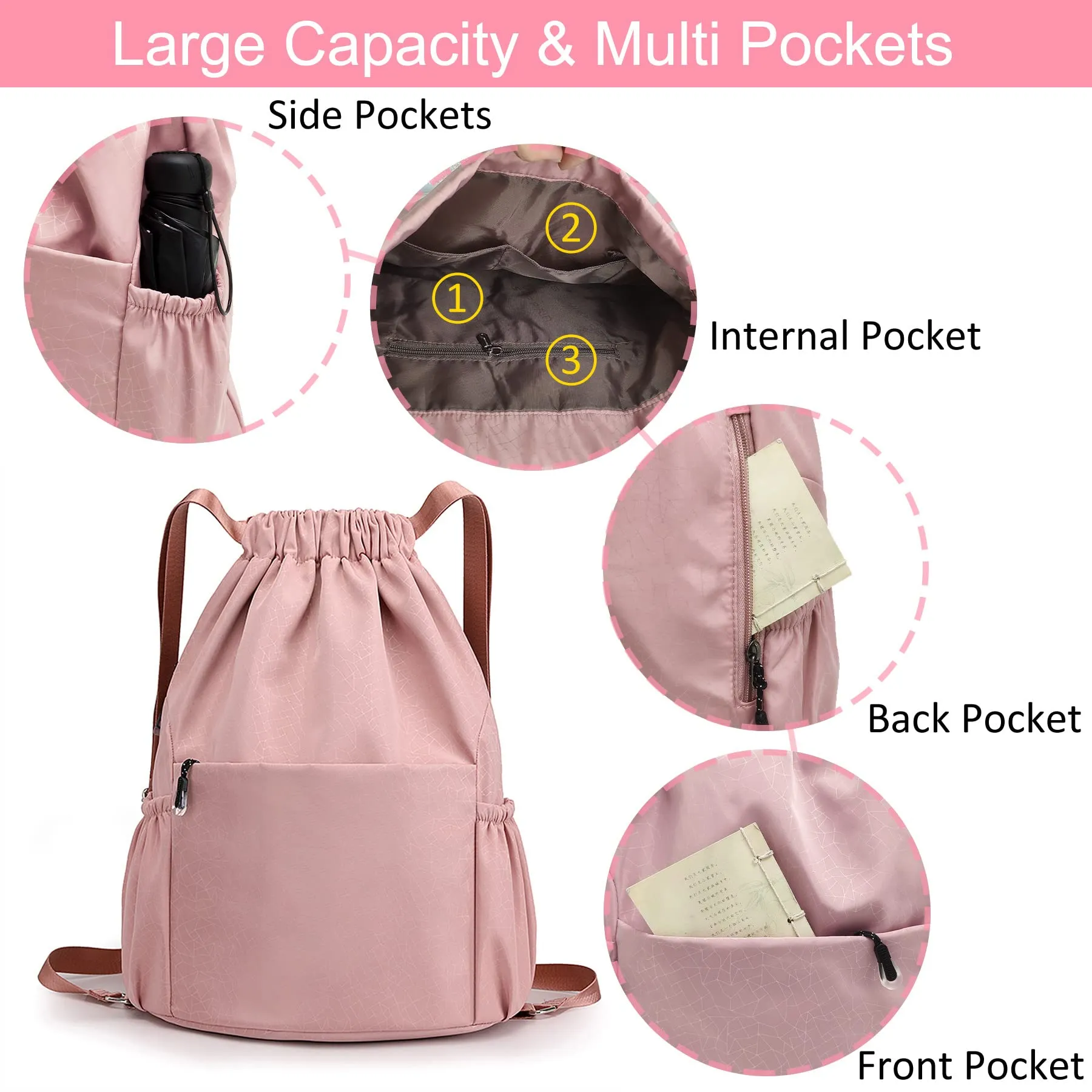 Drawstring Backpack Sports Gym Bag With Multi Pockets Pink  HLC040