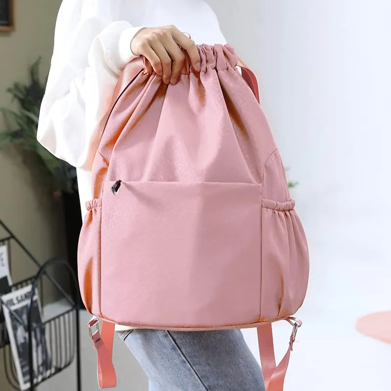 Drawstring Backpack Sports Gym Bag With Multi Pockets Pink  HLC040