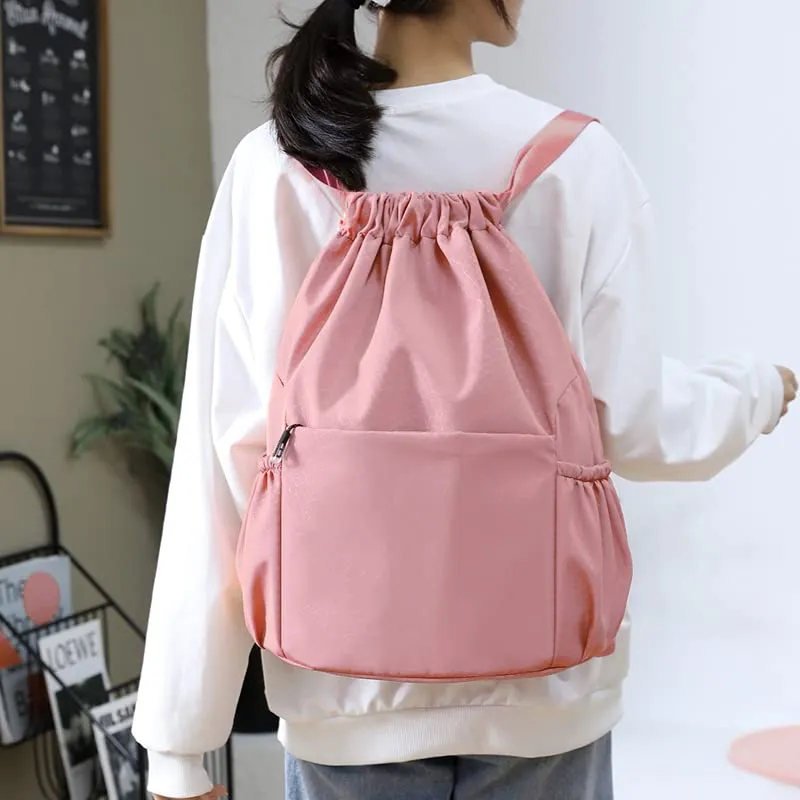 Drawstring Backpack Sports Gym Bag With Multi Pockets Pink  HLC040