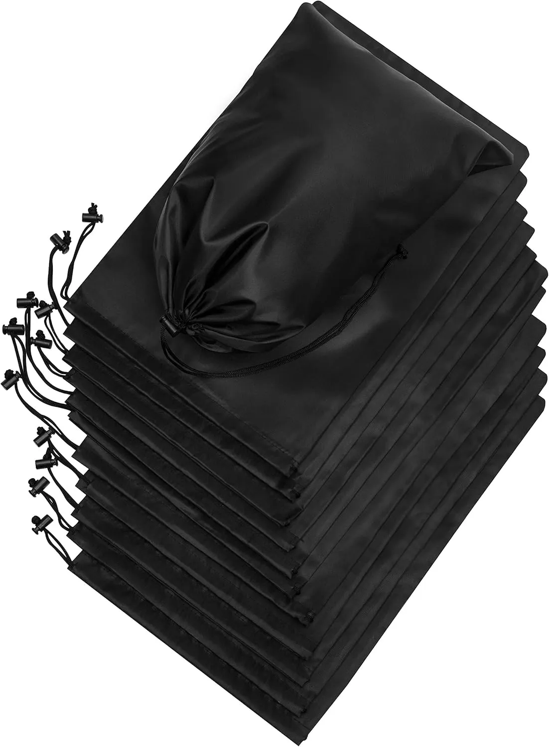 Drawstring Bag - Nylon Cinch and Ditty Stuff Pouch with Toggle (10 x 15-12 pack, Black)