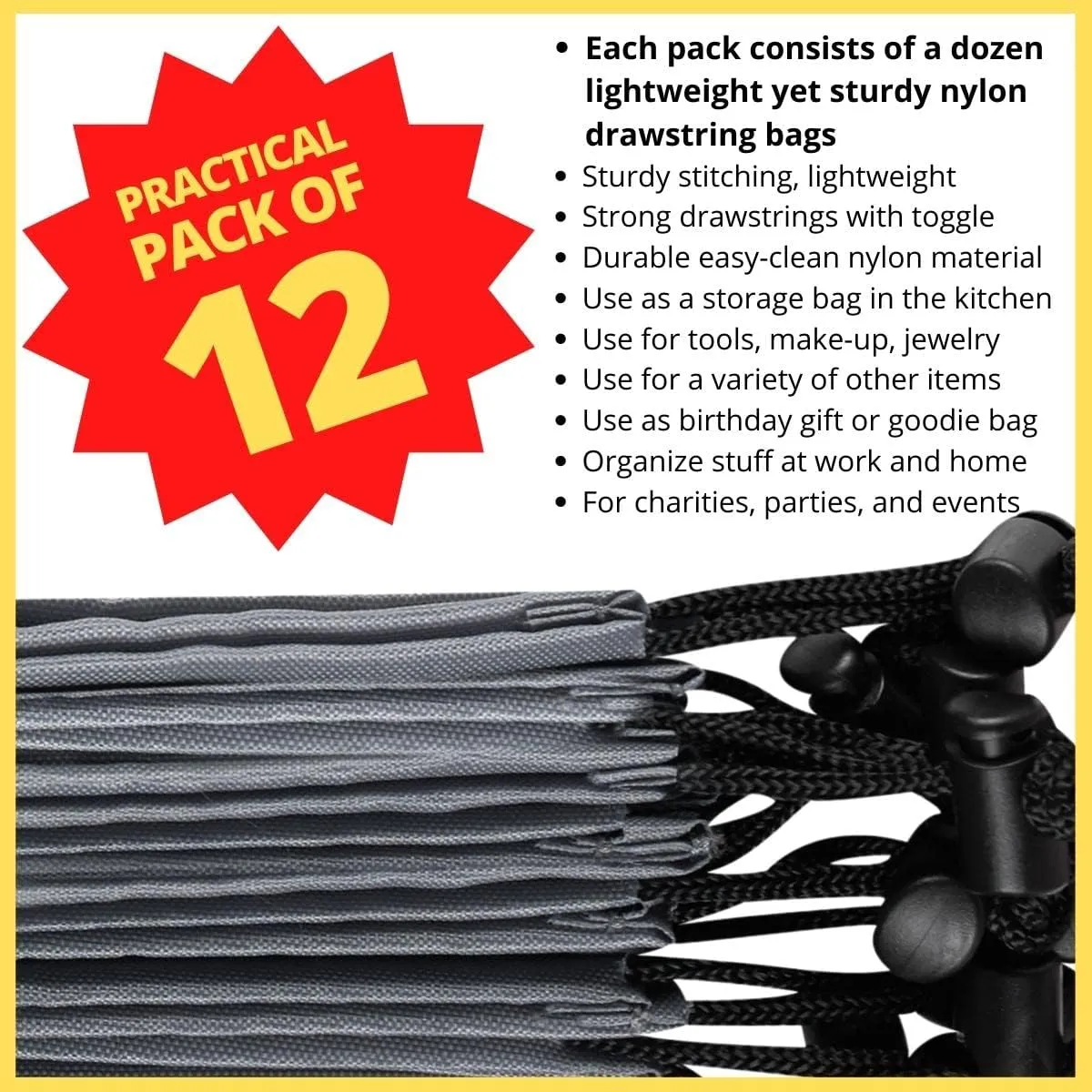 Drawstring Bag - Nylon Cinch and Ditty Stuff Pouch with Toggle (6 x 8-12 pack, Grey)