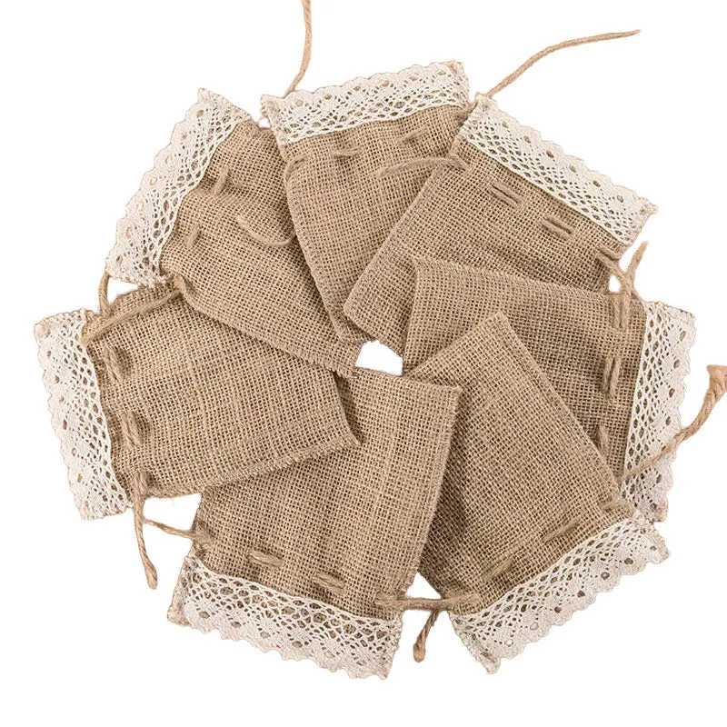 Drawstring Hessian Bags with Lace Trim 100x150mm