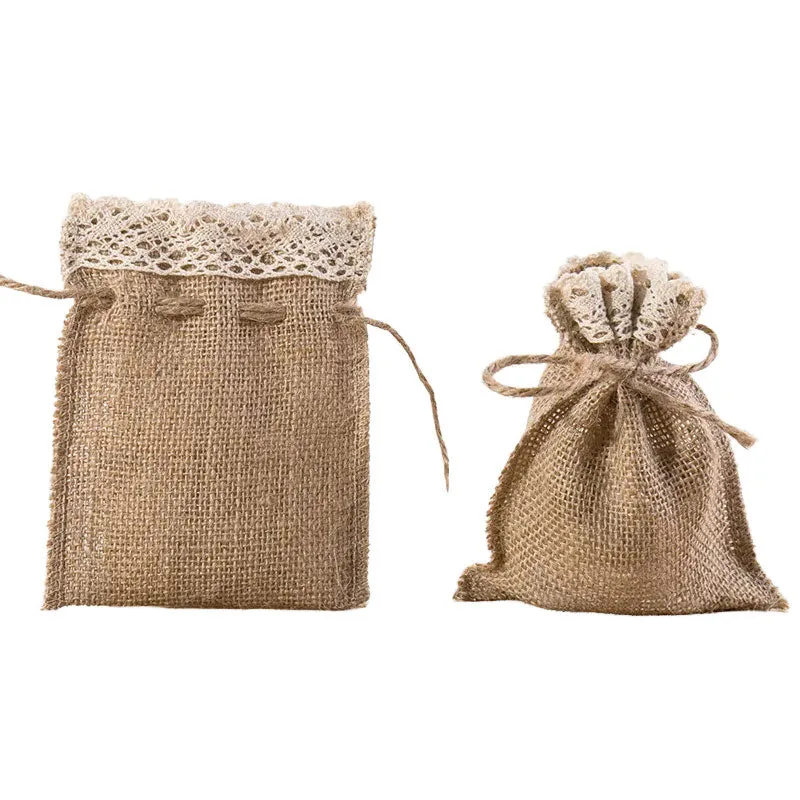 Drawstring Hessian Bags with Lace Trim 100x150mm