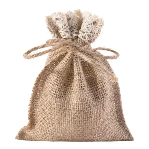 Drawstring Hessian Bags with Lace Trim 100x150mm