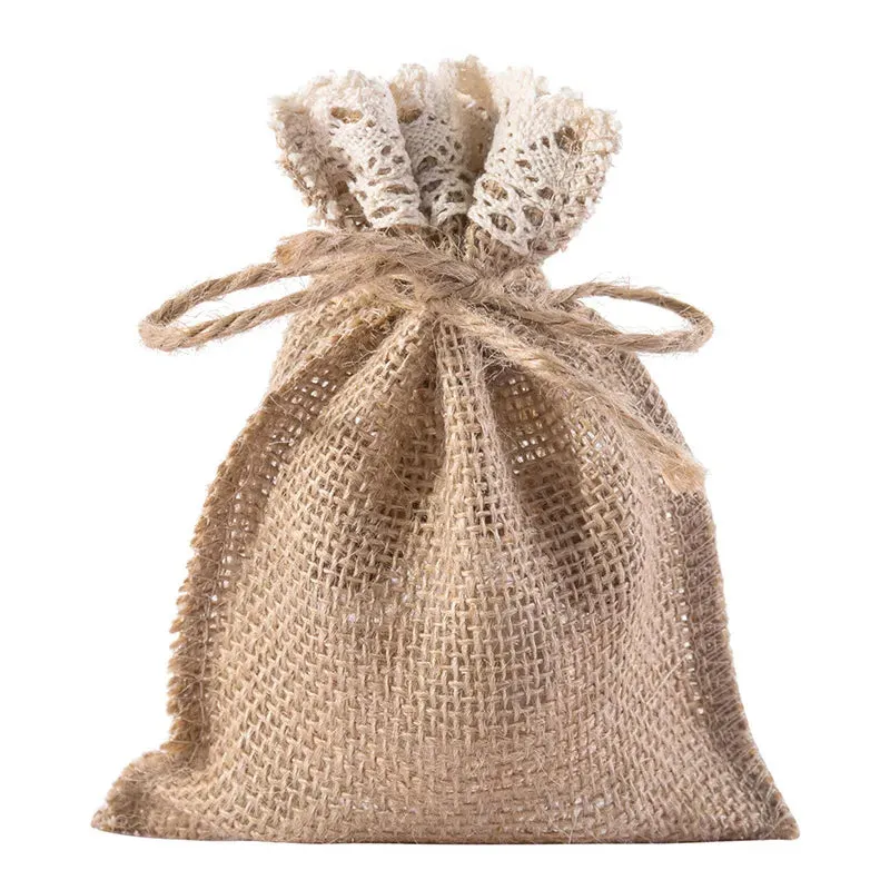 Drawstring Hessian Bags with Lace Trim 100x150mm