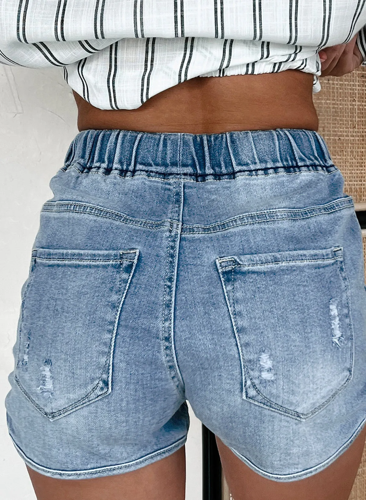 Drawstring High Waist Distressed Denim Shorts