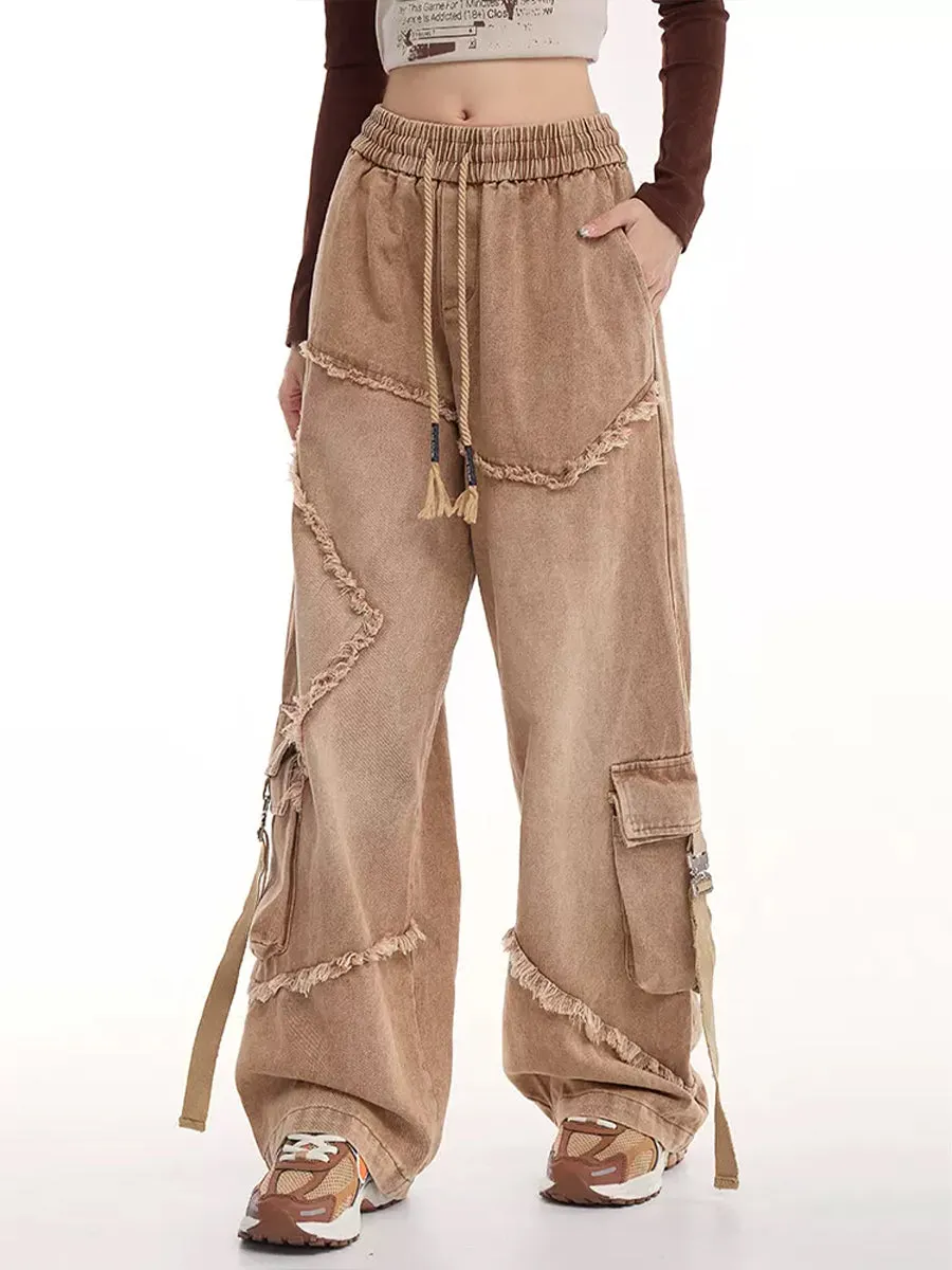 Drawstring Waist Denim Solid Color Star Worn Loose Jeans