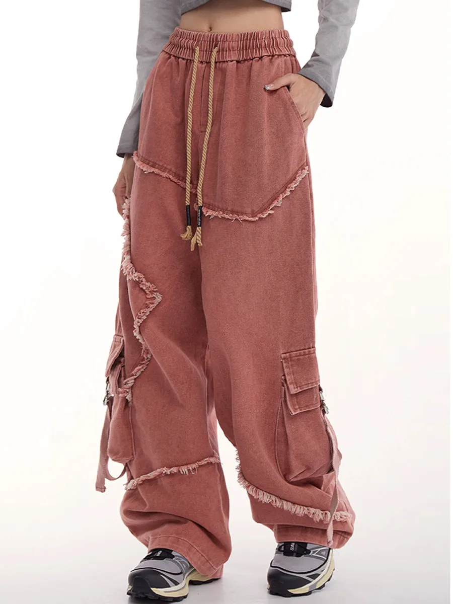 Drawstring Waist Denim Solid Color Star Worn Loose Jeans