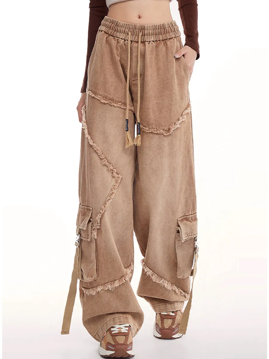 Drawstring Waist Denim Solid Color Star Worn Loose Jeans
