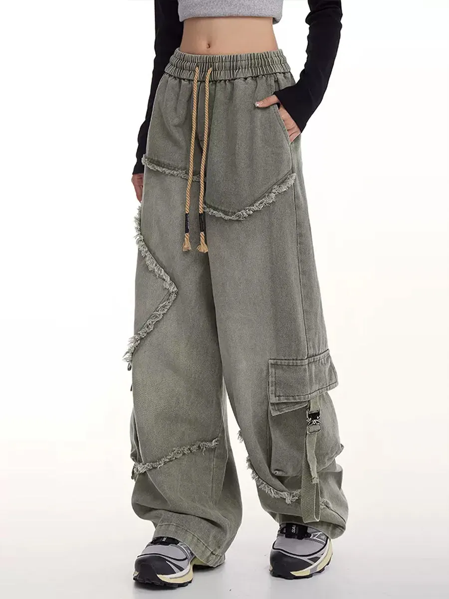 Drawstring Waist Denim Solid Color Star Worn Loose Jeans