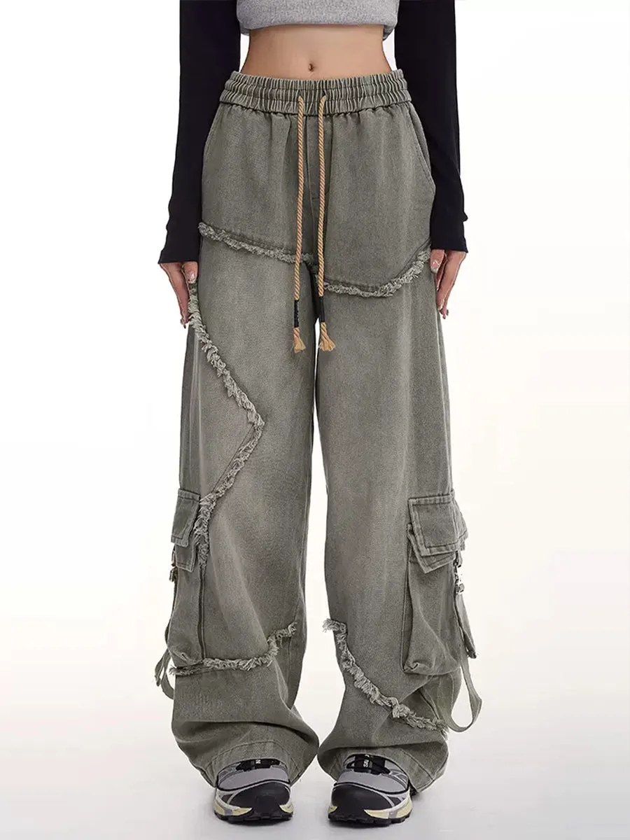Drawstring Waist Denim Solid Color Star Worn Loose Jeans