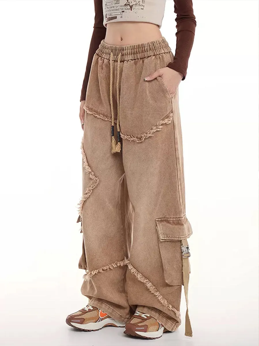 Drawstring Waist Denim Solid Color Star Worn Loose Jeans
