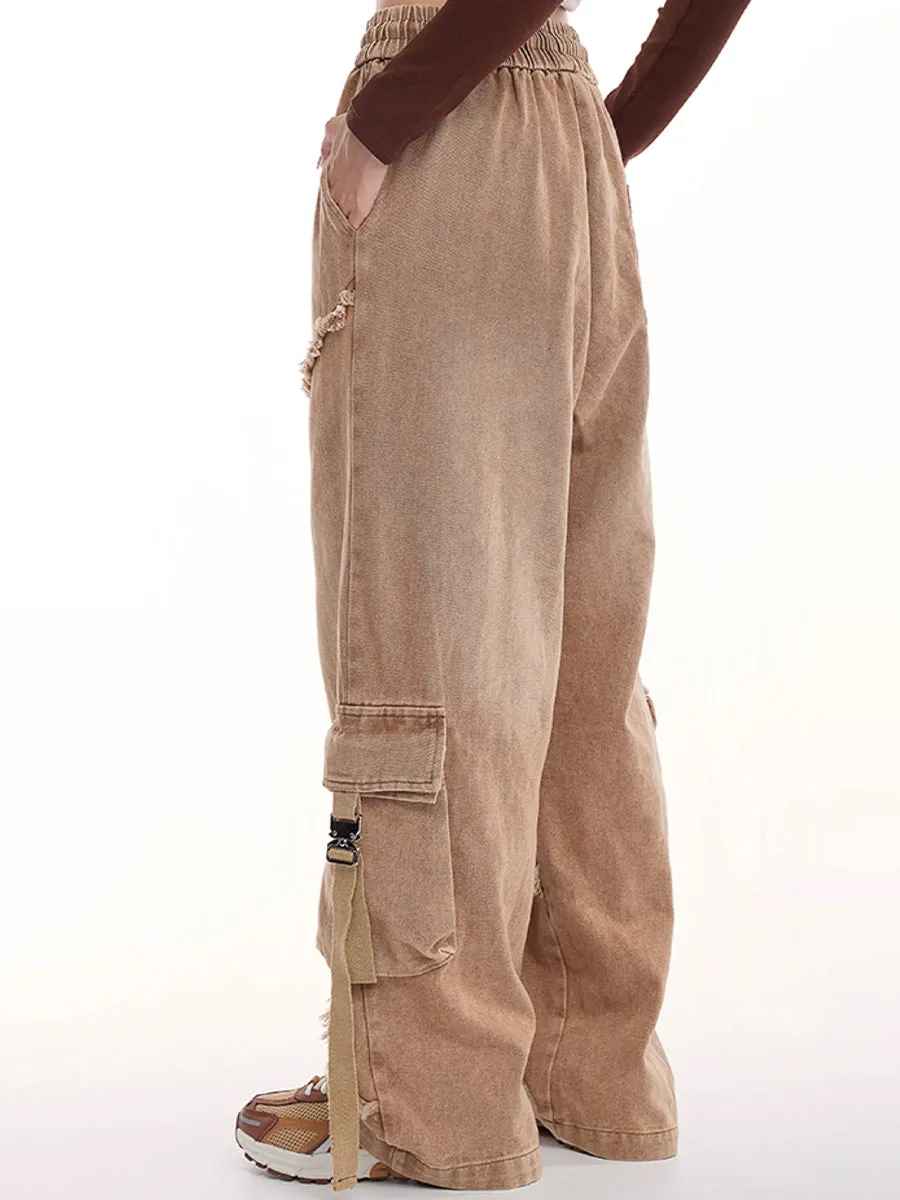 Drawstring Waist Denim Solid Color Star Worn Loose Jeans