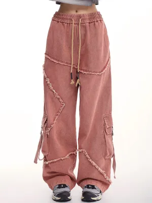 Drawstring Waist Denim Solid Color Star Worn Loose Jeans
