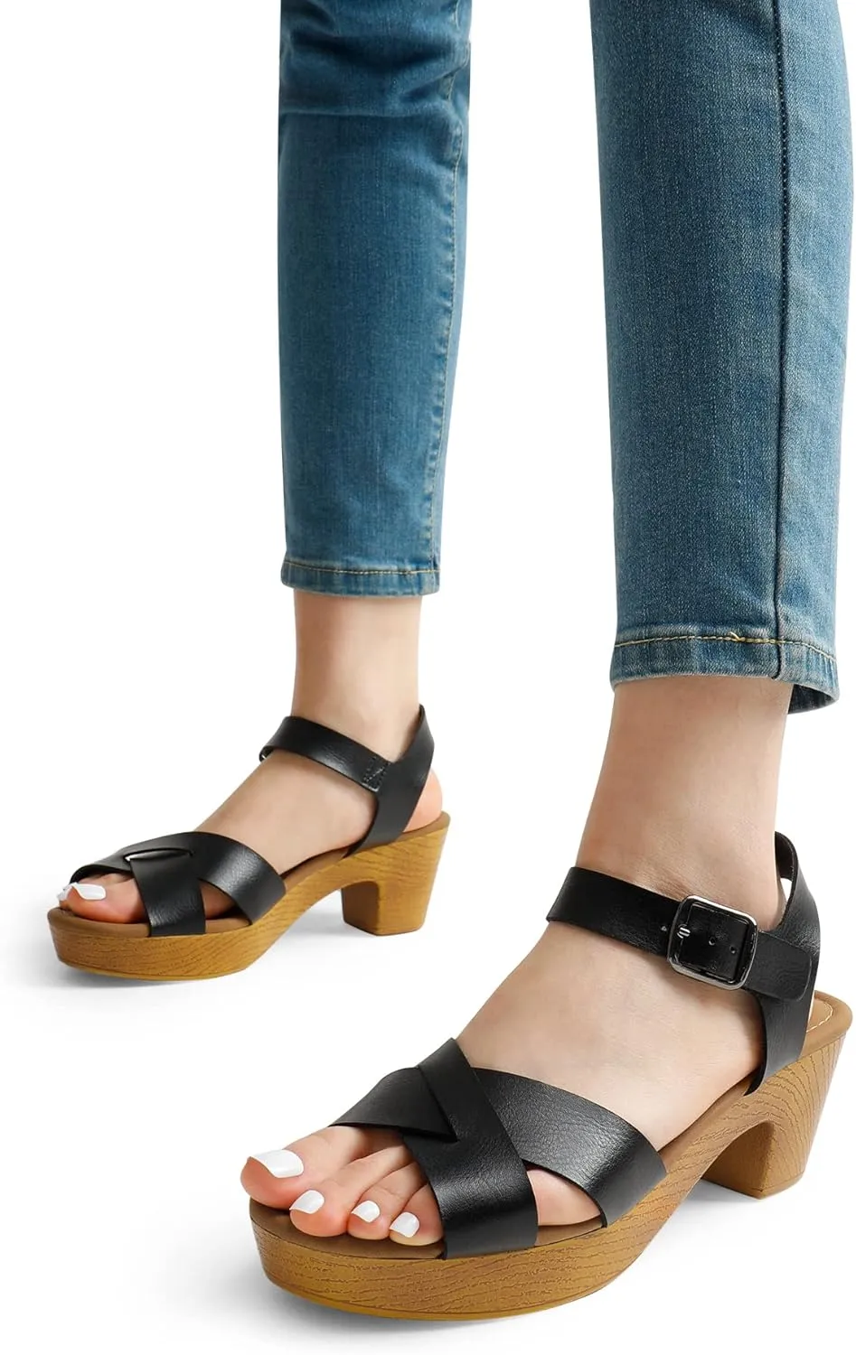 DREAM PAIRS Women's Platform Chunky Heels Faux Wood Block Heels Cute Open Toe Ankle Strap Crisscross Mid Heels Wedding Party Dance Pump Sandals Shoes