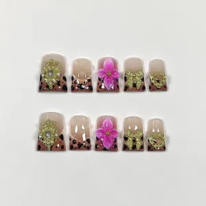 Duckbill Nails,Brown Leopard French Tips Press on Nails with Kit,Soft Gel Fake Nails with 3D Charms Hearts Bows Flowers,Metallic Edgy False Nails with Rhinestone,Y2K Punk Winter Fall Nails(L)