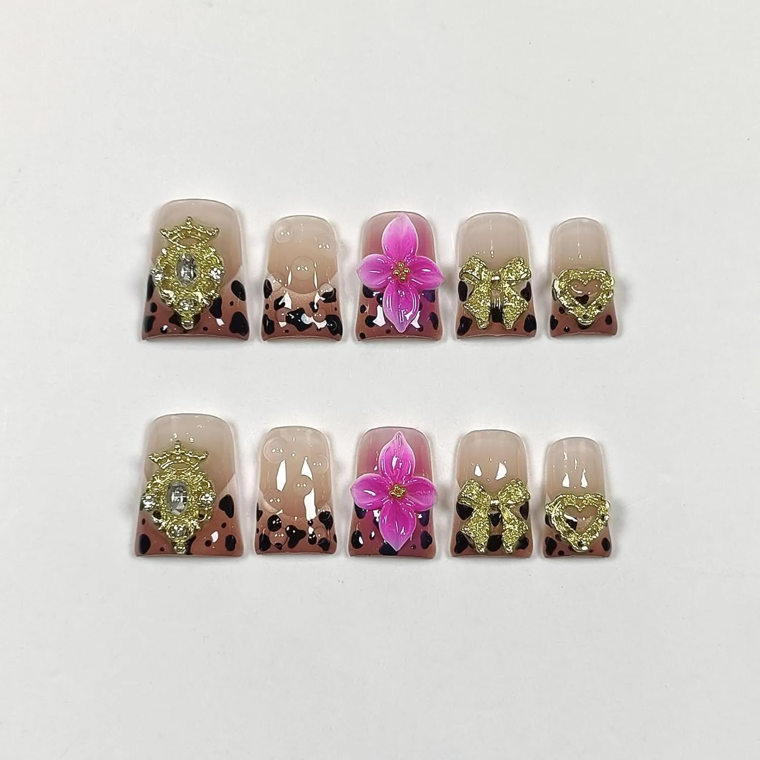 Duckbill Nails,Brown Leopard French Tips Press on Nails with Kit,Soft Gel Fake Nails with 3D Charms Hearts Bows Flowers,Metallic Edgy False Nails with Rhinestone,Y2K Punk Winter Fall Nails(L)