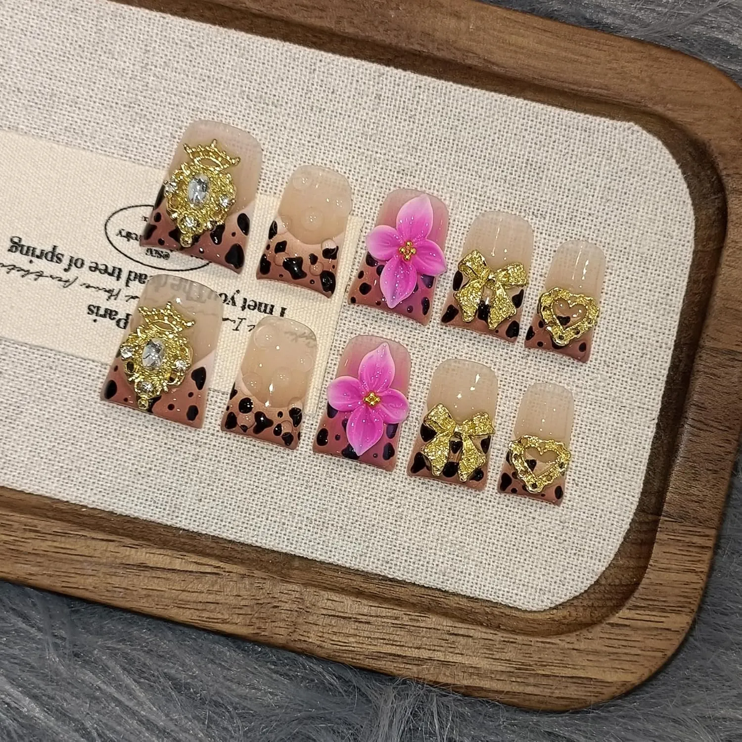 Duckbill Nails,Brown Leopard French Tips Press on Nails with Kit,Soft Gel Fake Nails with 3D Charms Hearts Bows Flowers,Metallic Edgy False Nails with Rhinestone,Y2K Punk Winter Fall Nails(L)