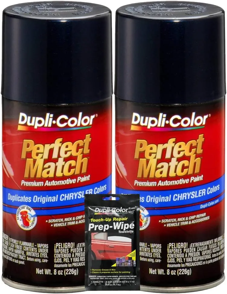 Dupli-Color Deep Sapphire Blue Metallic Perfect Match Automotive Paint for Chrysler Vehicles - 8 oz, Bundles with Prep Wipe (3 Items)