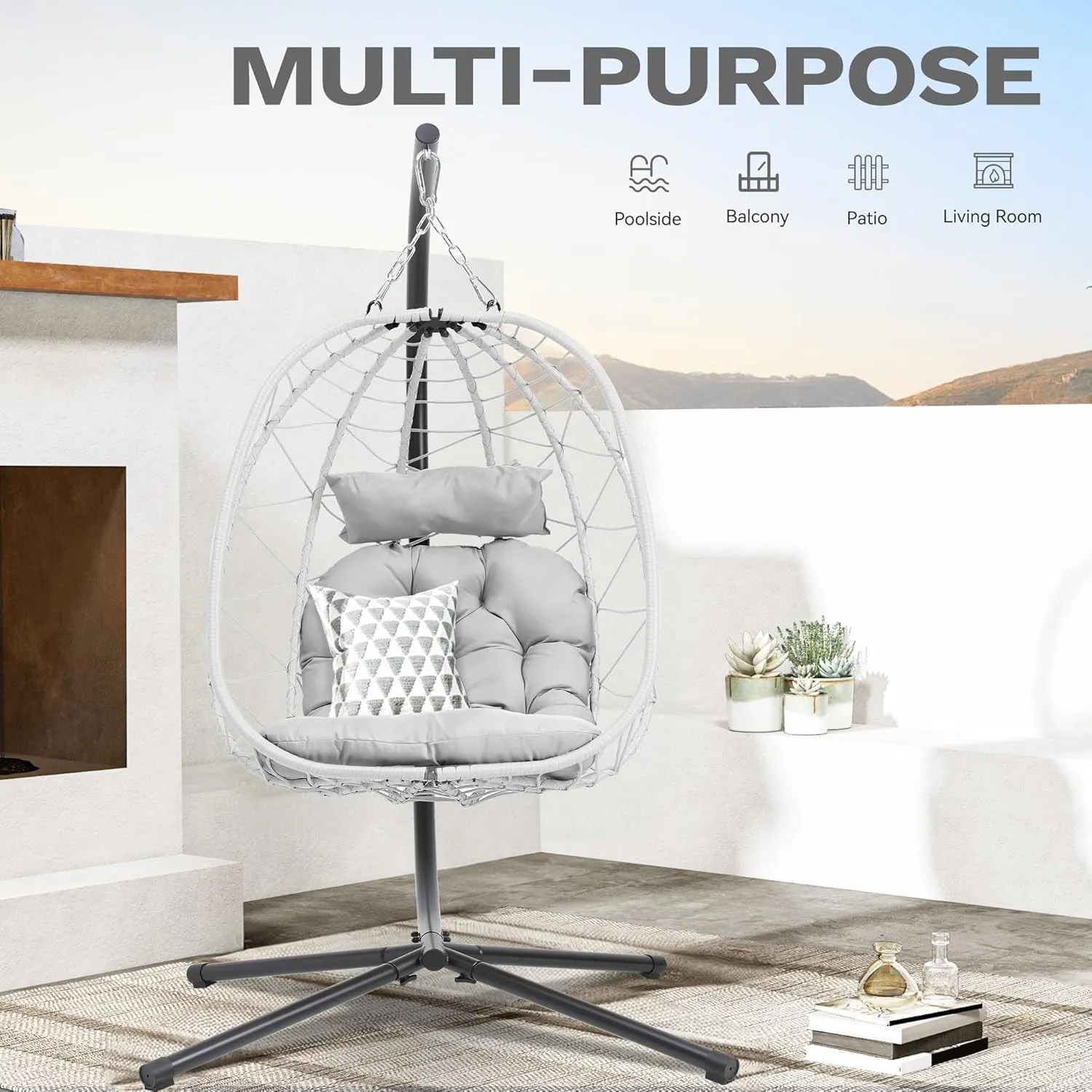 DWVO Egg Hanging Swing Chair with Stand Egg Chair Wicker Egg Chair with Cushions 330lbs for Patio, Bedroom, Garden and Balcony, Light Gray