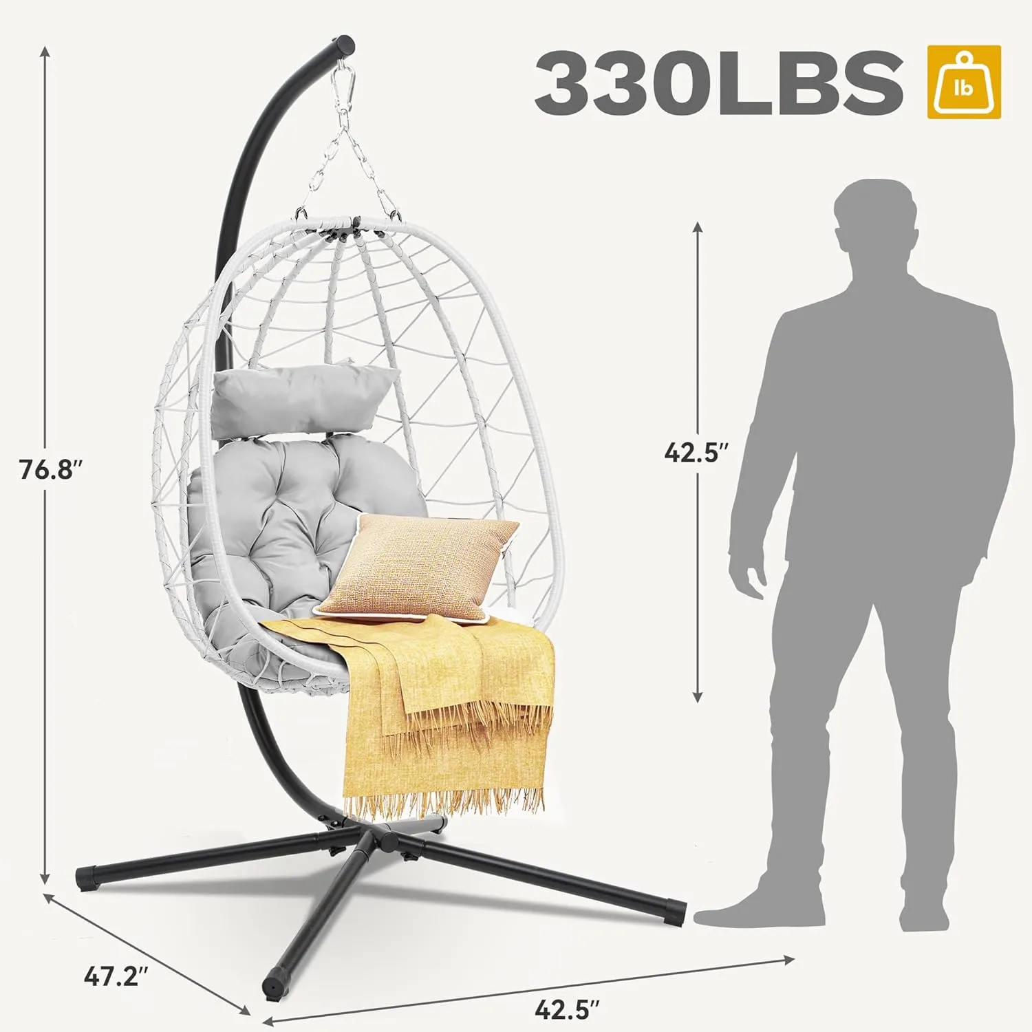DWVO Egg Hanging Swing Chair with Stand Egg Chair Wicker Egg Chair with Cushions 330lbs for Patio, Bedroom, Garden and Balcony, Light Gray