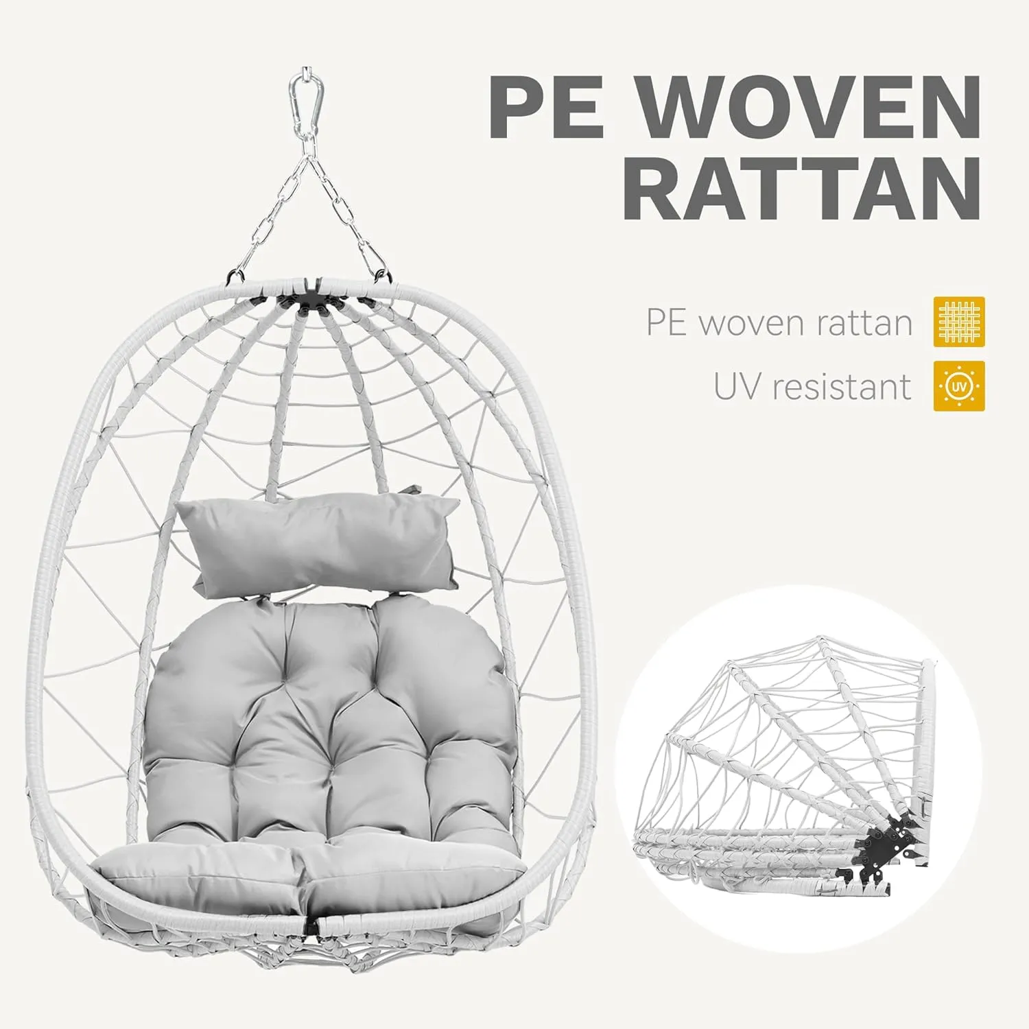 DWVO Egg Hanging Swing Chair with Stand Egg Chair Wicker Egg Chair with Cushions 330lbs for Patio, Bedroom, Garden and Balcony, Light Gray