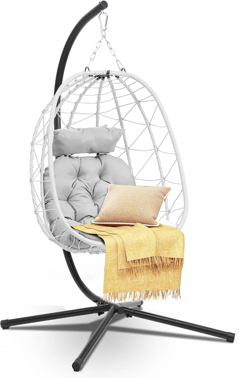 DWVO Egg Hanging Swing Chair with Stand Egg Chair Wicker Egg Chair with Cushions 330lbs for Patio, Bedroom, Garden and Balcony, Light Gray