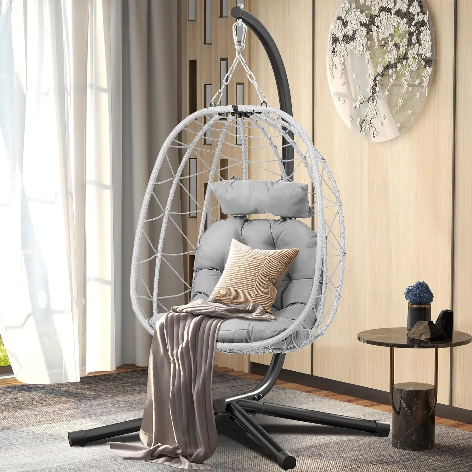 DWVO Egg Hanging Swing Chair with Stand Egg Chair Wicker Egg Chair with Cushions 330lbs for Patio, Bedroom, Garden and Balcony, Light Gray