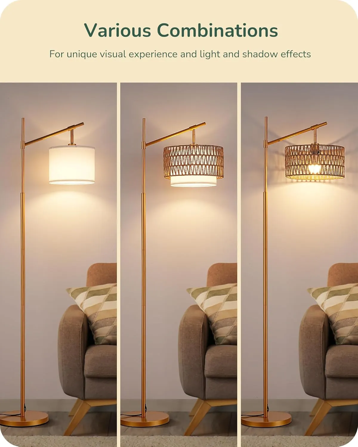 EDISHINE Rattan Arc Floor Lamp with Remote,Gold Farmhouse Floor Lamp with Dimmable LED Bulb,Rattan & Fabric Double Shades,Foot Switch,Wicker Adjustable Tall Lamp for Living Room, Bedroom, Office,