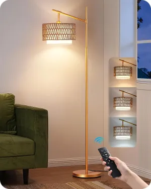 EDISHINE Rattan Arc Floor Lamp with Remote,Gold Farmhouse Floor Lamp with Dimmable LED Bulb,Rattan & Fabric Double Shades,Foot Switch,Wicker Adjustable Tall Lamp for Living Room, Bedroom, Office,
