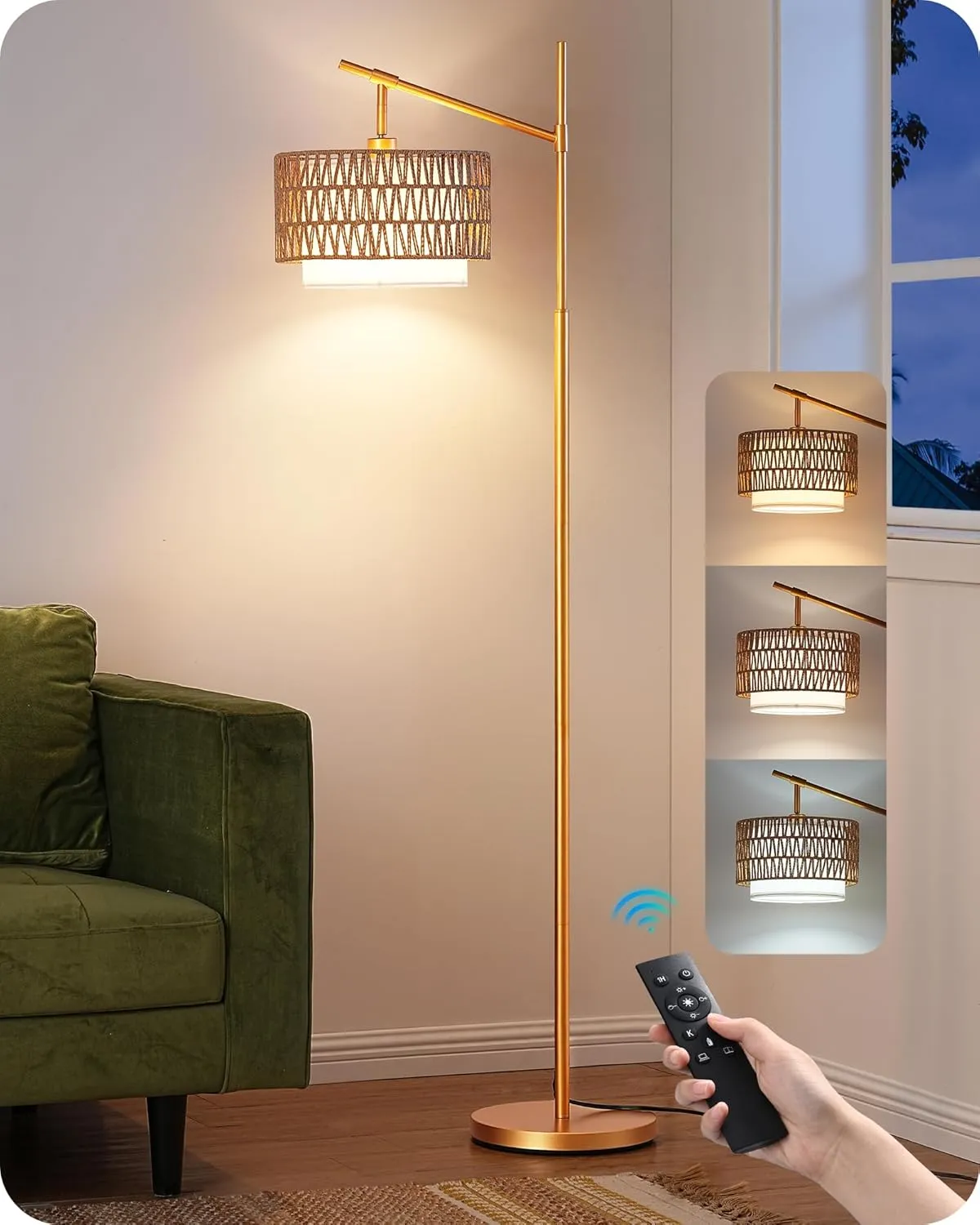 EDISHINE Rattan Arc Floor Lamp with Remote,Gold Farmhouse Floor Lamp with Dimmable LED Bulb,Rattan & Fabric Double Shades,Foot Switch,Wicker Adjustable Tall Lamp for Living Room, Bedroom, Office,