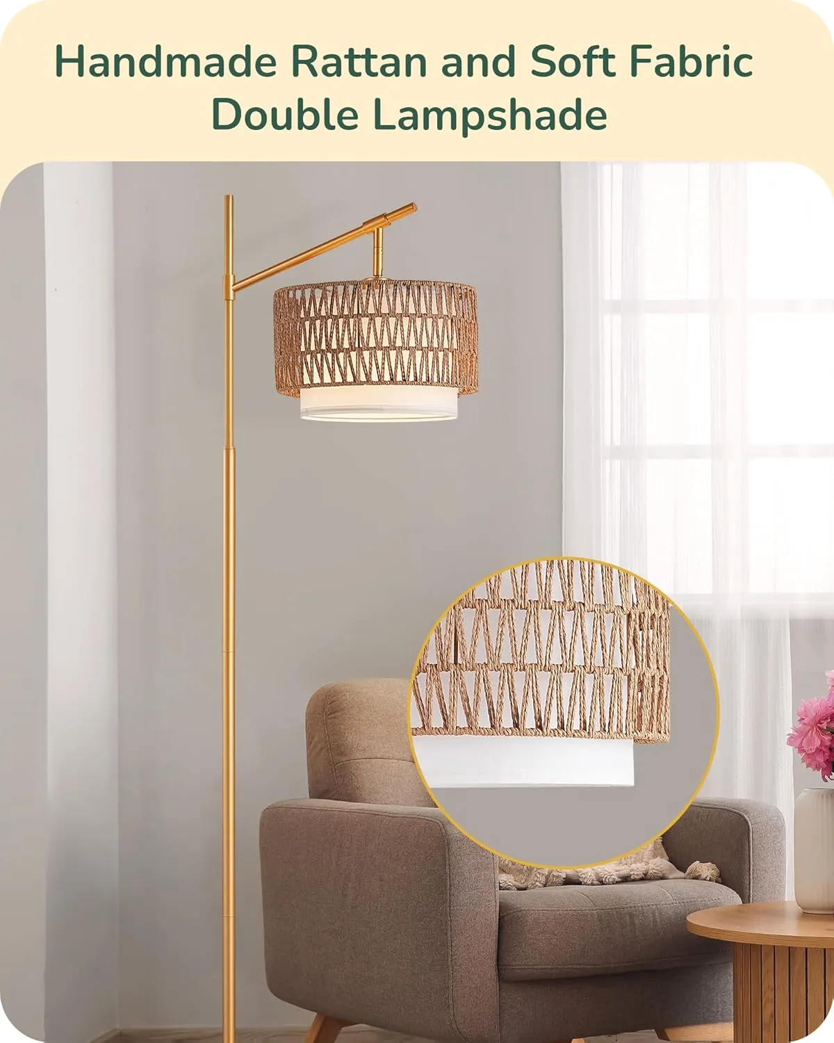 EDISHINE Rattan Arc Floor Lamp with Remote,Gold Farmhouse Floor Lamp with Dimmable LED Bulb,Rattan & Fabric Double Shades,Foot Switch,Wicker Adjustable Tall Lamp for Living Room, Bedroom, Office,