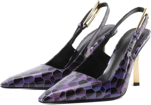 Eldof Slingback Heels for Women Metallic Buckle Square Toe Slip On Gold Stilettos High Heel Pumps Shoes Dressy 4 Inches
