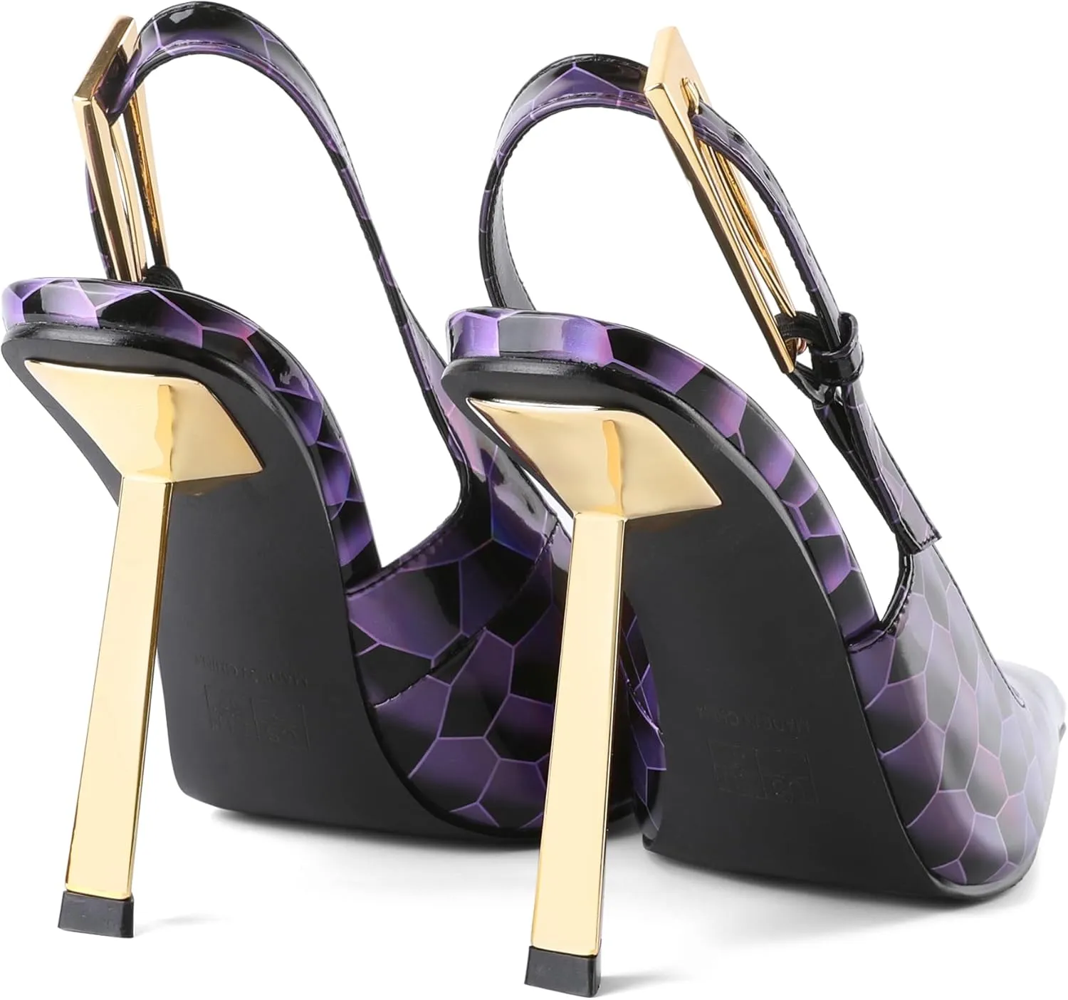 Eldof Slingback Heels for Women Metallic Buckle Square Toe Slip On Gold Stilettos High Heel Pumps Shoes Dressy 4 Inches