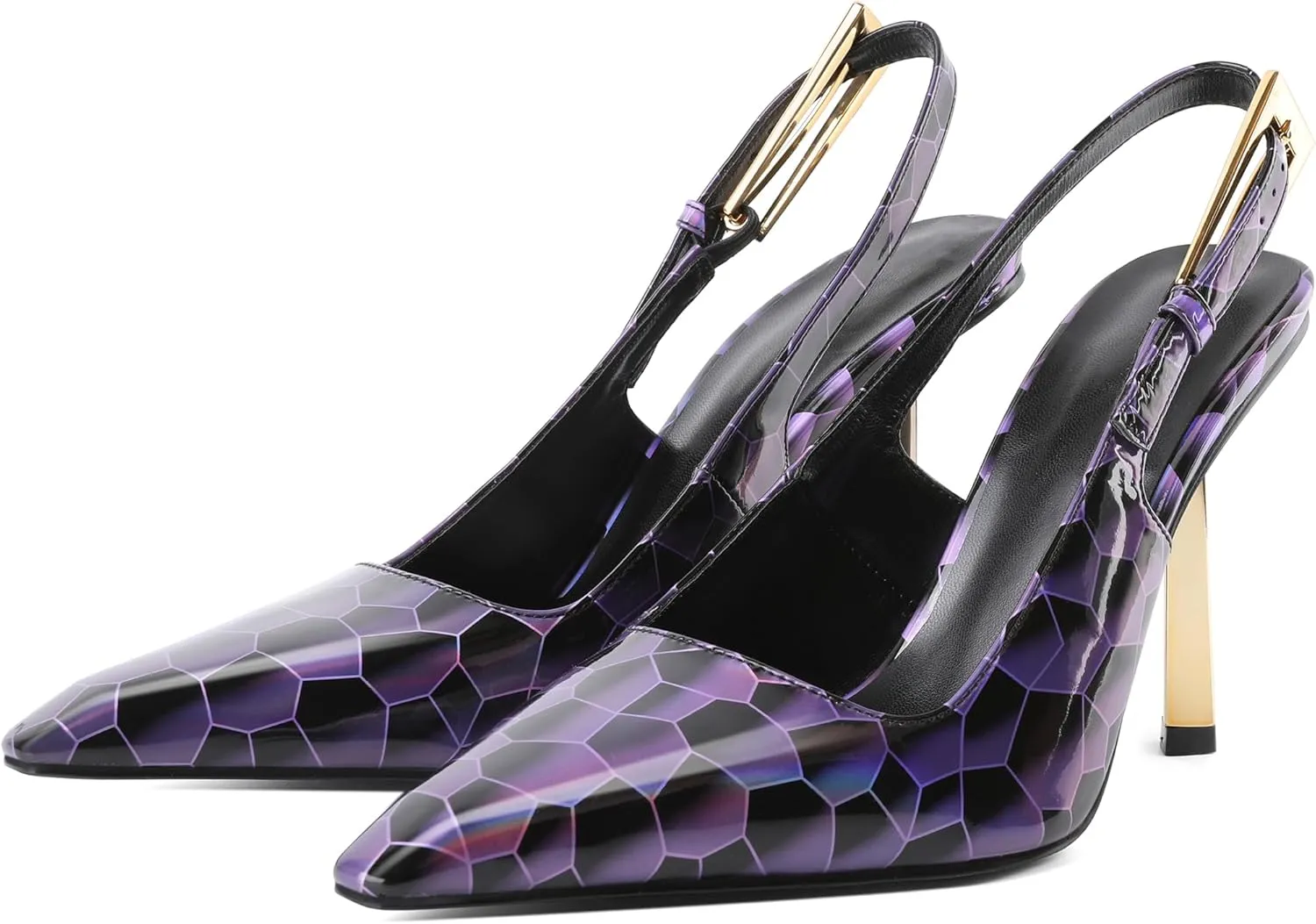 Eldof Slingback Heels for Women Metallic Buckle Square Toe Slip On Gold Stilettos High Heel Pumps Shoes Dressy 4 Inches