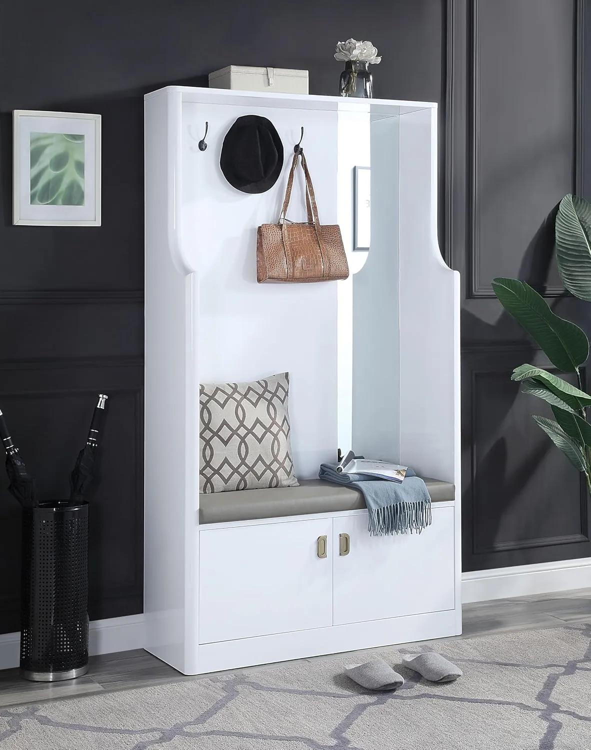 Elegant Hall Tree for Organized Entryway, Stylish Storage Solution with Mirror and Comfortable Seat, White High Gloss Finish