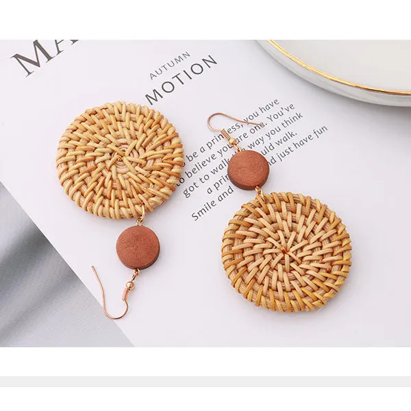 Elegant Rattan Round Disc Dangle Earrings