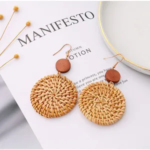 Elegant Rattan Round Disc Dangle Earrings
