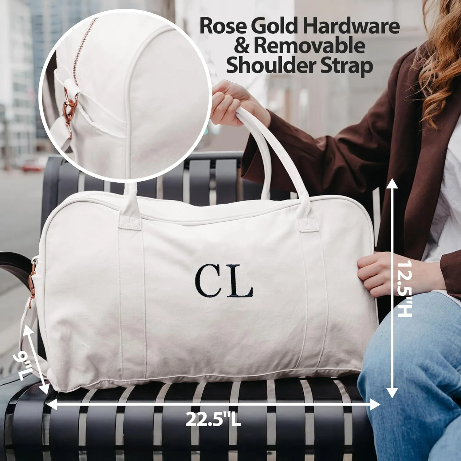 Embroidered Travel Duffle Bag with Name, Waterproof Personalized Weekender Bag, Custom Carry On Tote Bags for Women, Travel Essentials Gym Bag, Customized Hospital Bag, Overnight Luggage Bag - White
